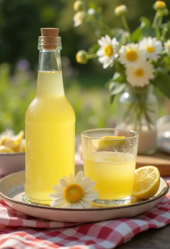 Glass bottle of yellow elderflower syrup with lemons