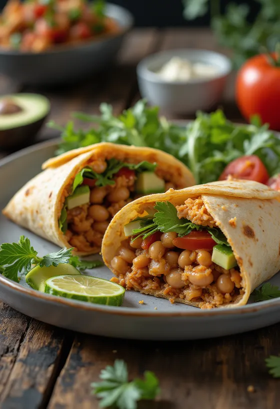 Vegan tortilla wrap with fresh vegetables and bean spread